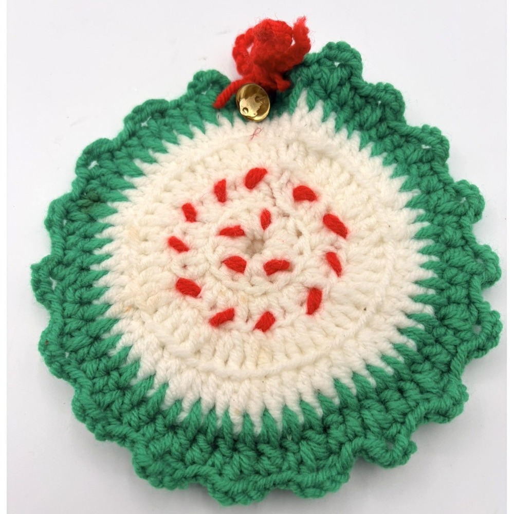 Handmade Christmas Crochet Pot Holder Green White Red Octagon with Bow Bell